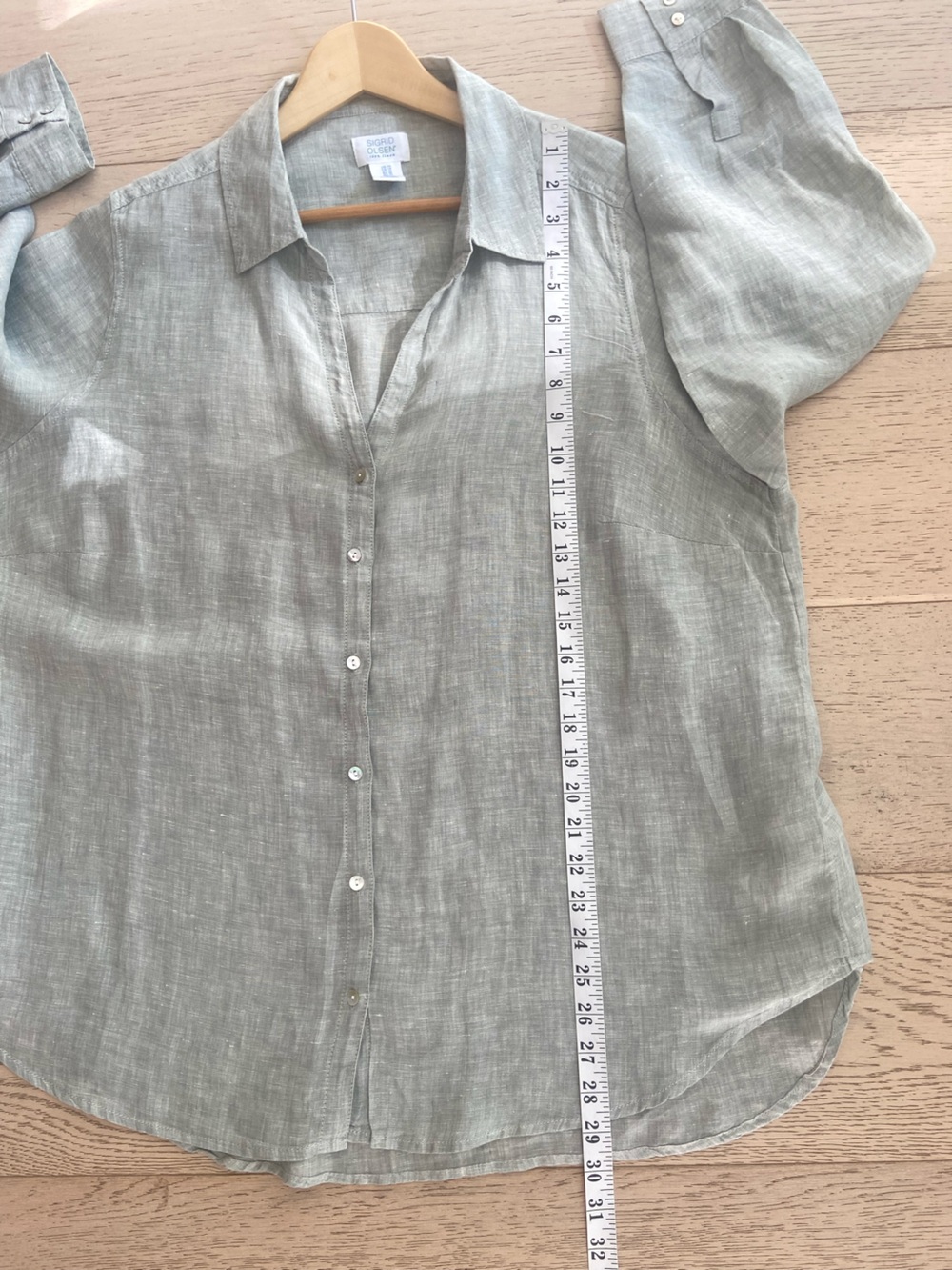 SIGRID OLSEN 100% Linen Shirt 1X Sage Green Button Roll Tab Sleeve Blouse - Picture 7 of 7